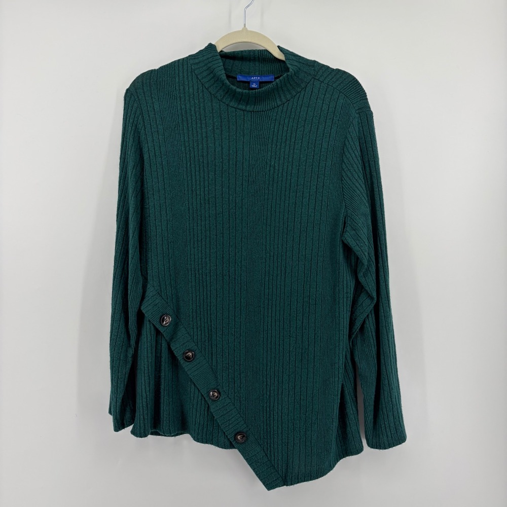 Apt 9 Womens XL Green Ribbed Mock Neck Asymmetrical Button Sweater Top‎